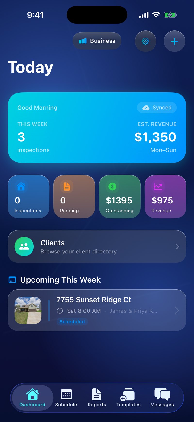 InspectrPlus dashboard showing today's inspections, revenue, and upcoming jobs