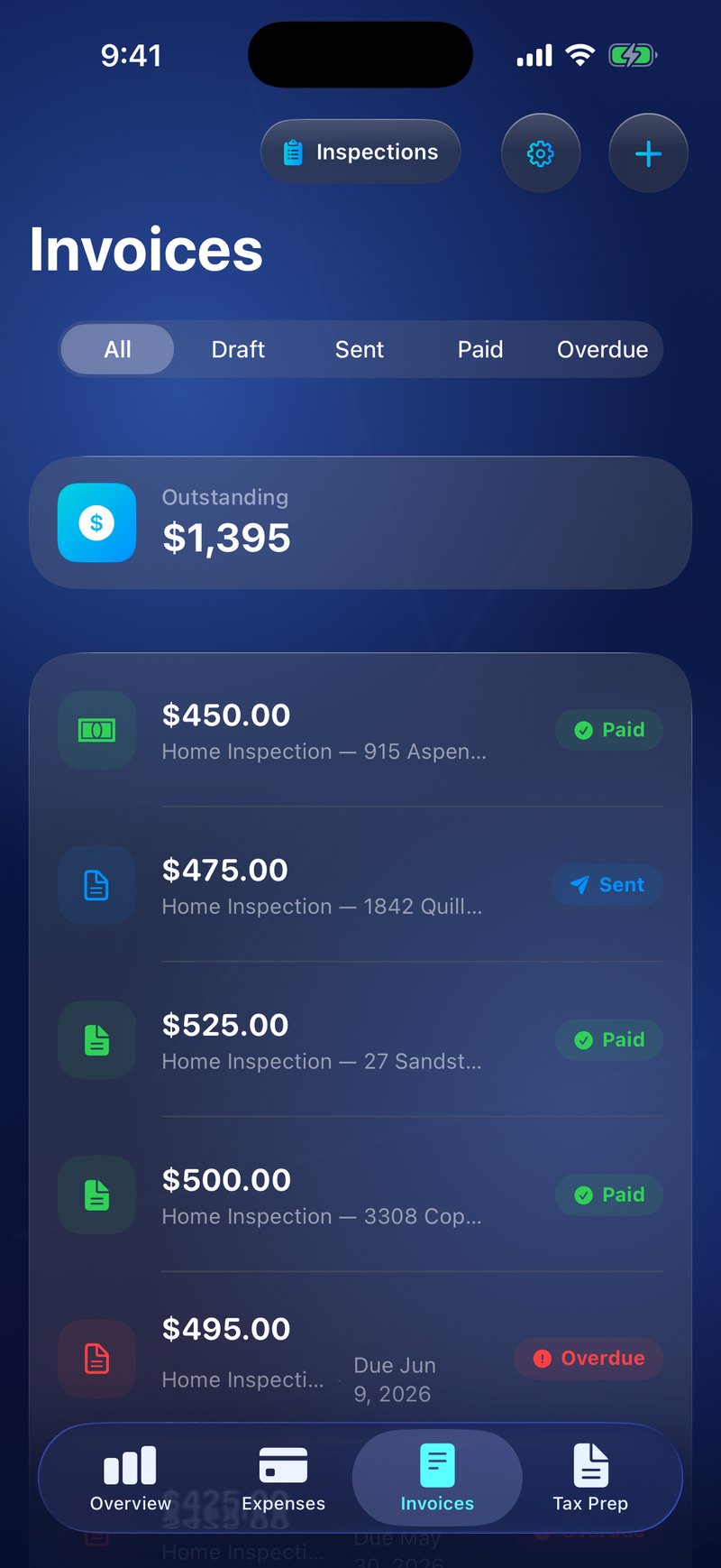 InspectrPlus invoices list with amounts and statuses