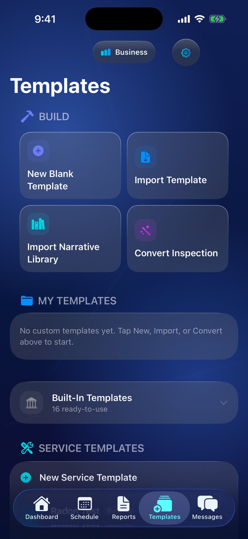 InspectrPlus templates screen with built-in and custom inspection templates